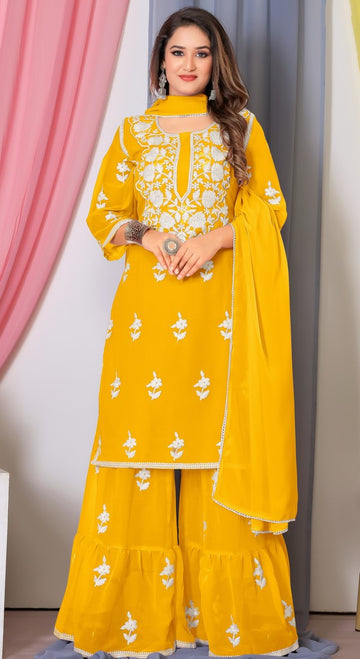 Tasteful Yellow Color Georgette Fabric Sharara Suit