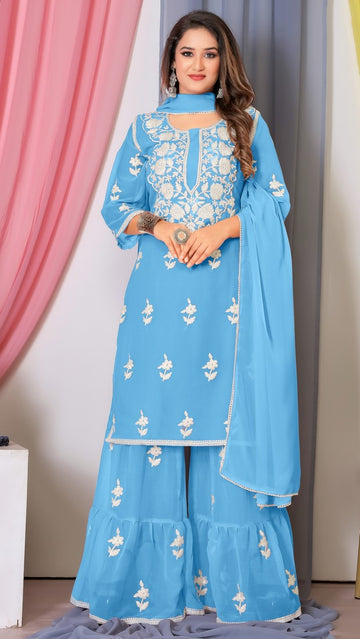 Tasteful Blue Color Georgette Fabric Sharara Suit