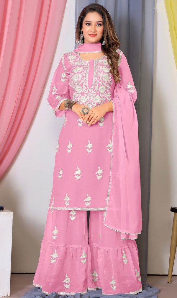 Tasteful Pink Color Georgette Fabric Sharara Suit