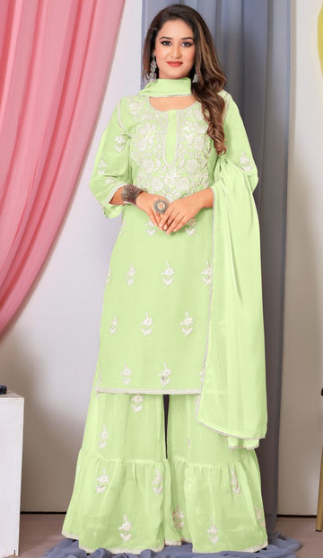 Tasteful Green Color Georgette Fabric Sharara Suit