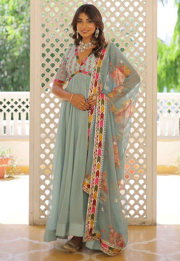 Striking Aqua Color Georgette Fabric Gown