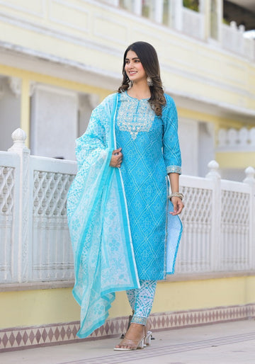 Divine Turquoise Color Cotton   Fabric Casual Suit