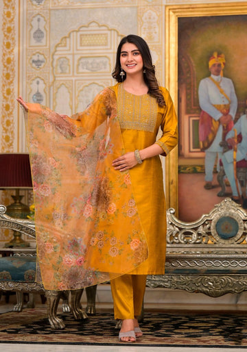 Divine Mustard Color Poly Silk Fabric Casual Suit