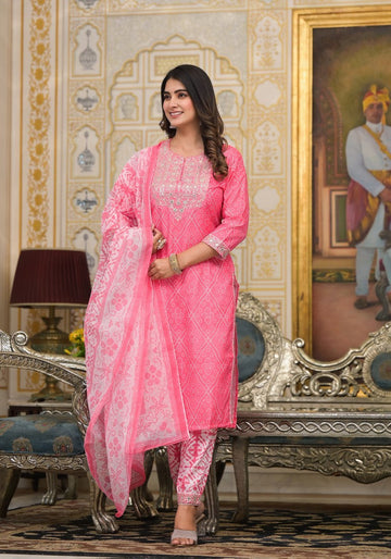 Divine Pink Color Cotton Fabric Casual Suit