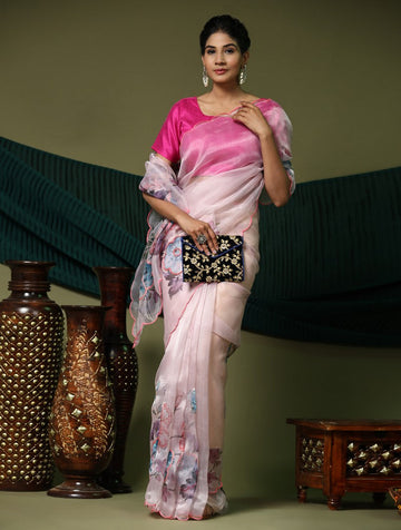 Beauteous Pink Color Organza Fabric Designer Saree