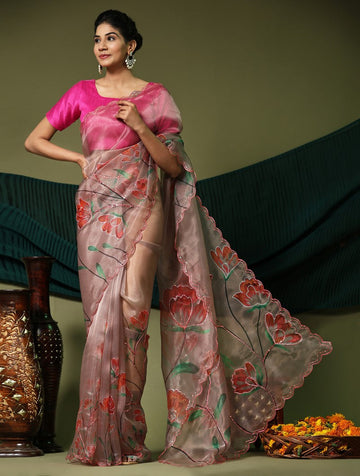 Beauteous Brown Color Organza Fabric Designer Saree