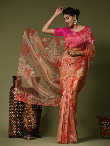 Beauteous Orange Color Organza Fabric Designer Saree