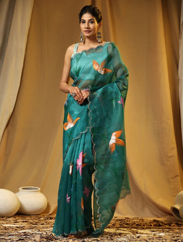 Beauteous Teal Color Organza Fabric Designer Saree