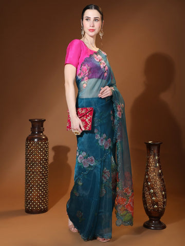 Beauteous Teal Color Organza Fabric Designer Saree