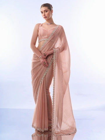 Grand Peach Color Burberry Fabric Casual Saree