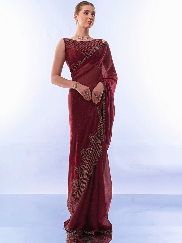 Grand Maroon Color Burberry Fabric Casual Saree