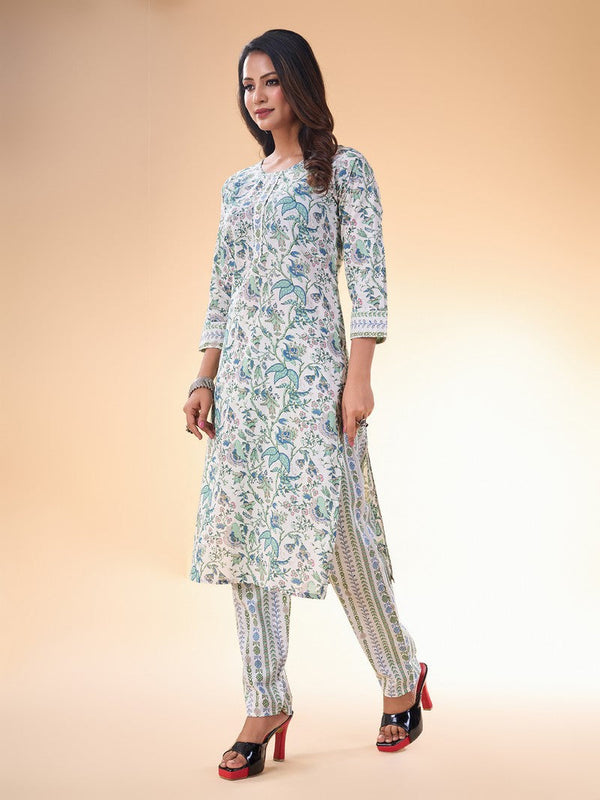 Lovely White Color Cotton Fabric Casual Kurti With Bottom