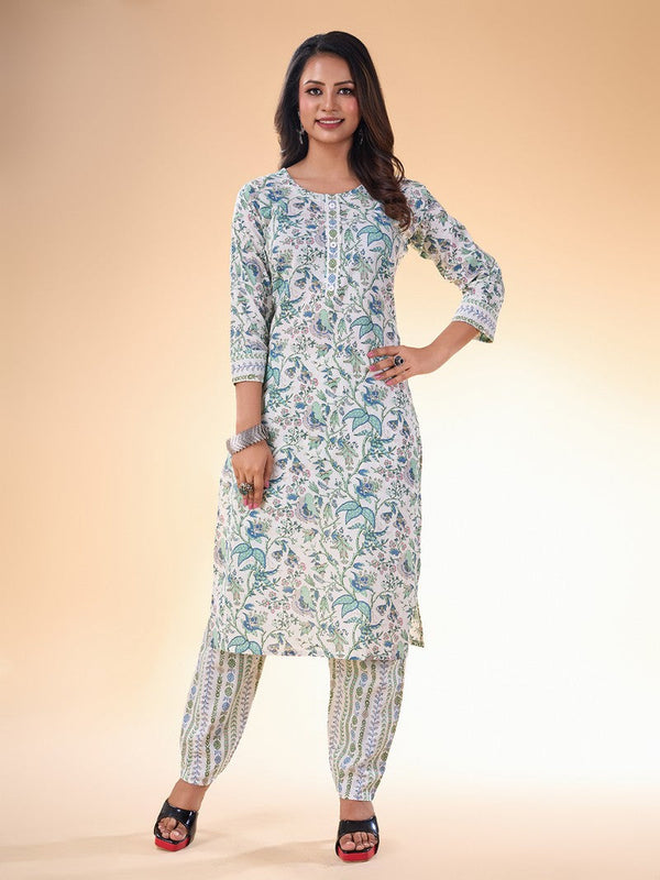 Lovely White Color Cotton Fabric Casual Kurti With Bottom