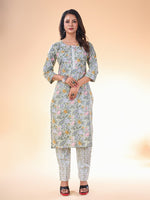 Lovely Grey Color Cotton Fabric Casual Kurti With Bottom