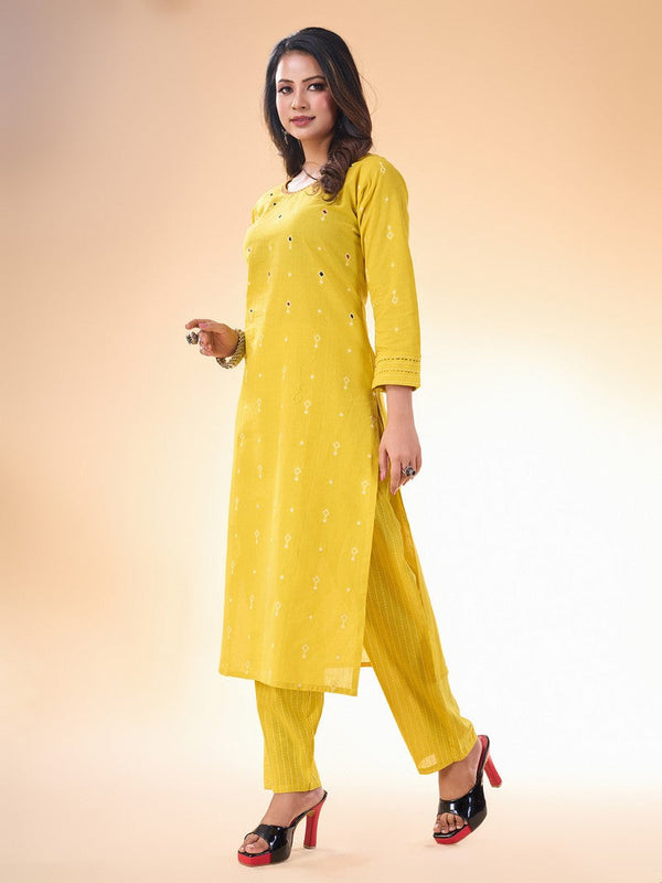 Lovely Yellow Color Cotton Fabric Casual Kurti With Bottom