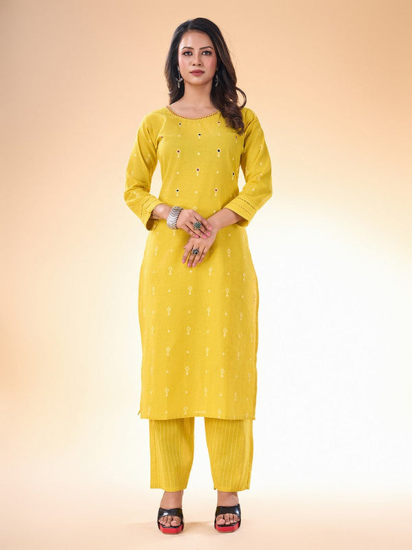 Lovely Yellow Color Cotton Fabric Casual Kurti With Bottom