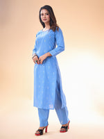 Lovely Aqua Color Cotton Fabric Casual Kurti With Bottom