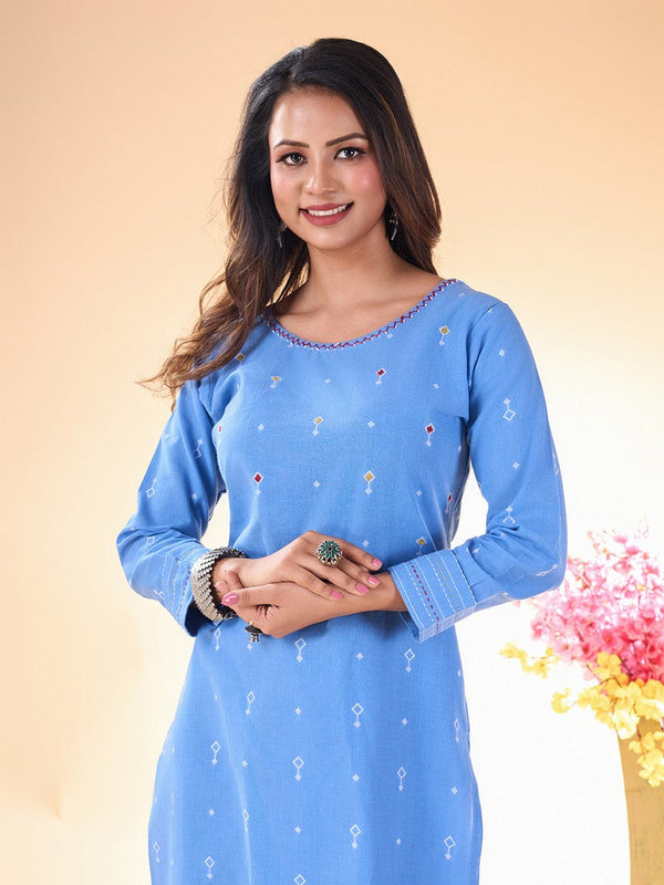 Lovely Aqua Color Cotton Fabric Casual Kurti With Bottom