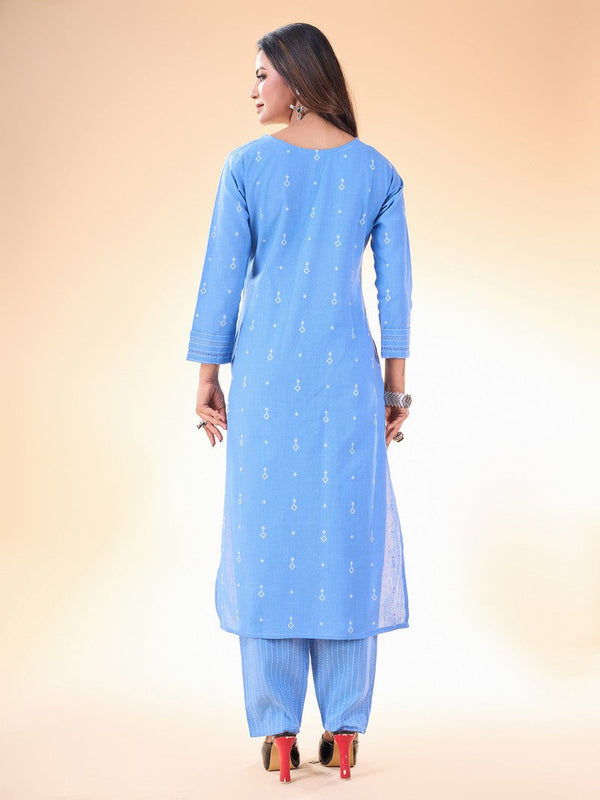 Lovely Aqua Color Cotton Fabric Casual Kurti With Bottom