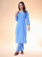 Lovely Aqua Color Cotton Fabric Casual Kurti With Bottom