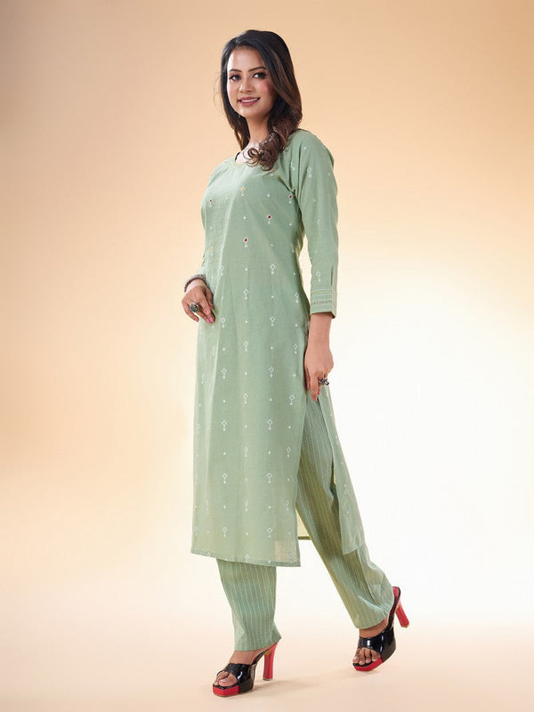 Lovely Green Color Cotton Fabric Casual Kurti With Bottom