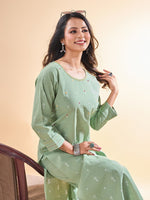 Lovely Green Color Cotton Fabric Casual Kurti With Bottom