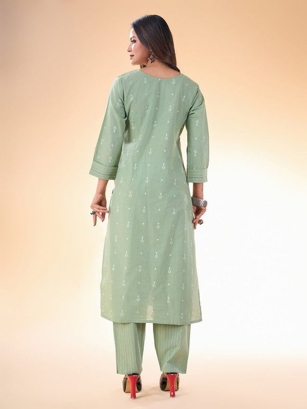 Lovely Green Color Cotton Fabric Casual Kurti With Bottom