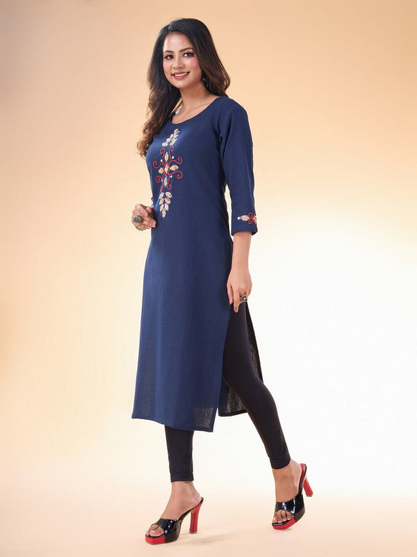 Lovely Navy Blue Color Cotton Fabric Casual Kurti With Bottom