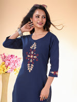 Lovely Navy Blue Color Cotton Fabric Casual Kurti With Bottom