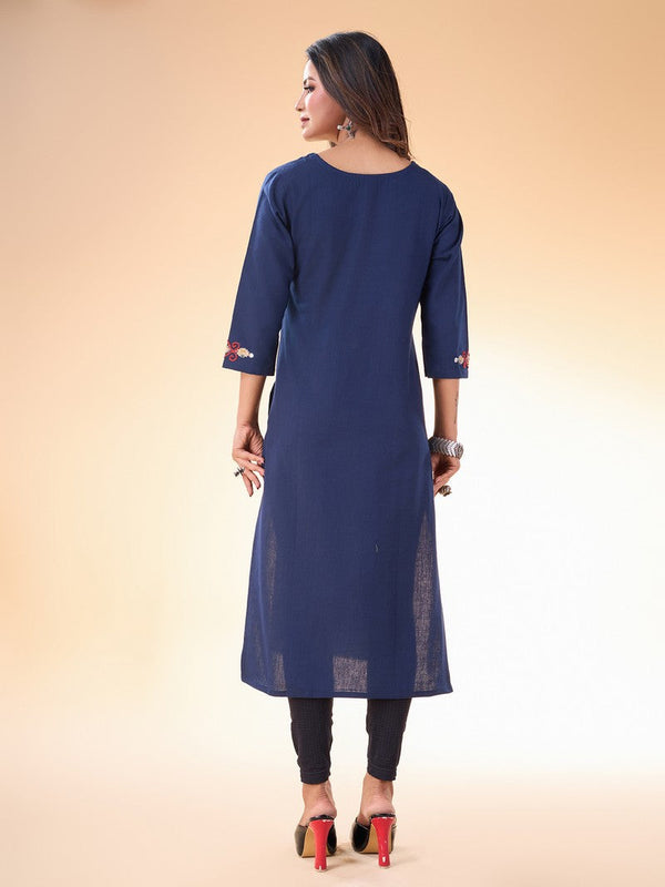 Lovely Navy Blue Color Cotton Fabric Casual Kurti With Bottom