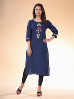 Lovely Navy Blue Color Cotton Fabric Casual Kurti With Bottom