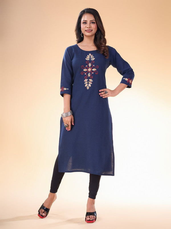 Lovely Navy Blue Color Cotton Fabric Casual Kurti With Bottom