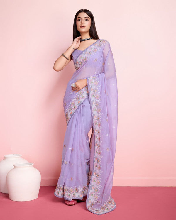 Beauteous Purple Color Organza Fabric Partywear Saree