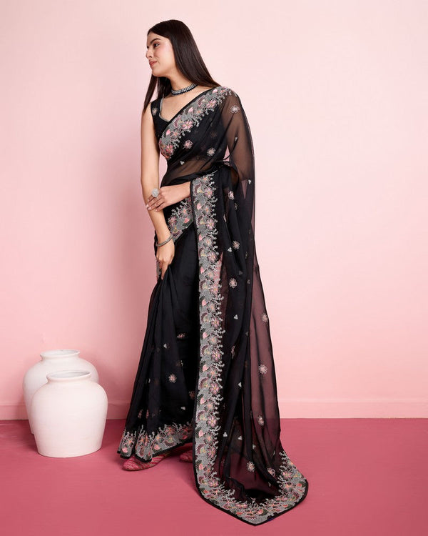 Beauteous Black Color Organza Fabric Partywear Saree