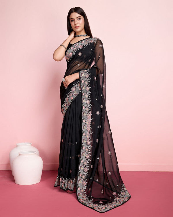 Beauteous Black Color Organza Fabric Partywear Saree