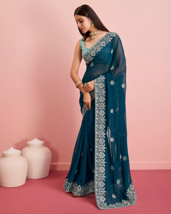 Beauteous Aqua Color Georgette Fabric Partywear Saree