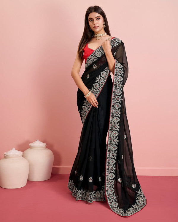 Beauteous Black Color Georgette Fabric Partywear Saree