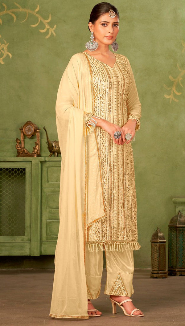 Tasteful Beige Color Georgette Fabric Partywear Suit