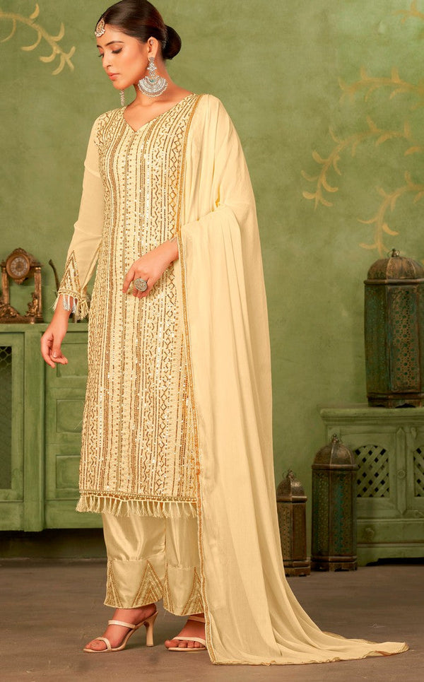 Tasteful Beige Color Georgette Fabric Partywear Suit