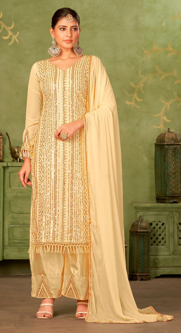 Tasteful Beige Color Georgette Fabric Partywear Suit