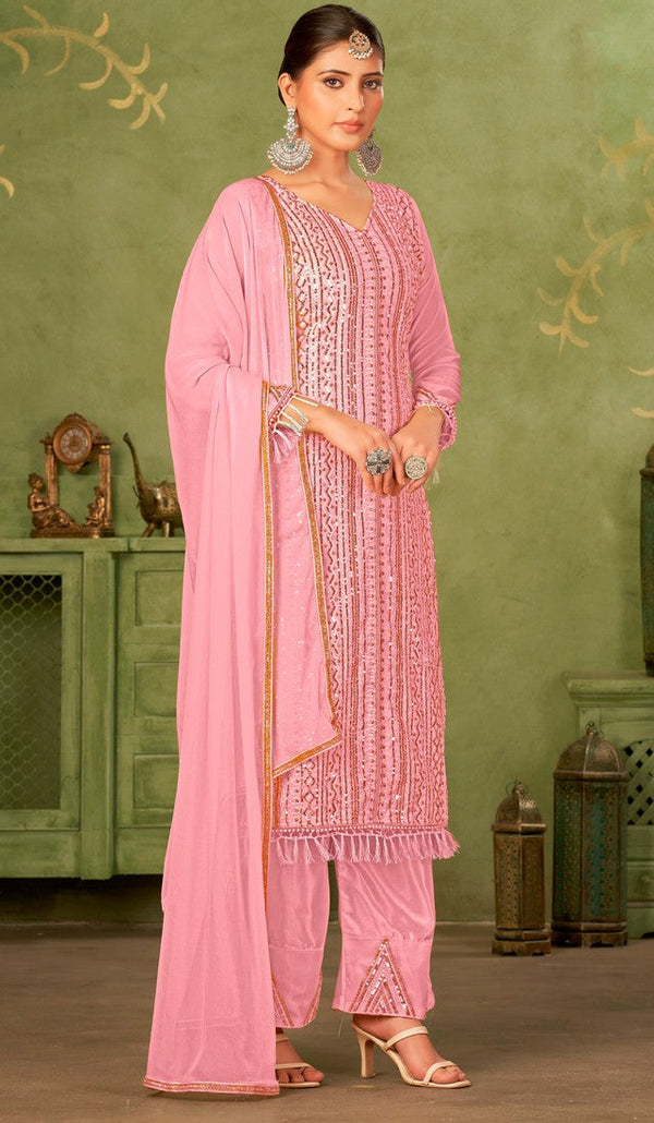 Tasteful Pink Color Georgette Fabric Partywear Suit