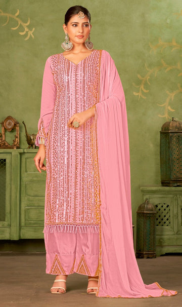 Tasteful Pink Color Georgette Fabric Partywear Suit