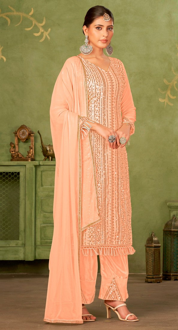 Tasteful Peach Color Georgette Fabric Partywear Suit