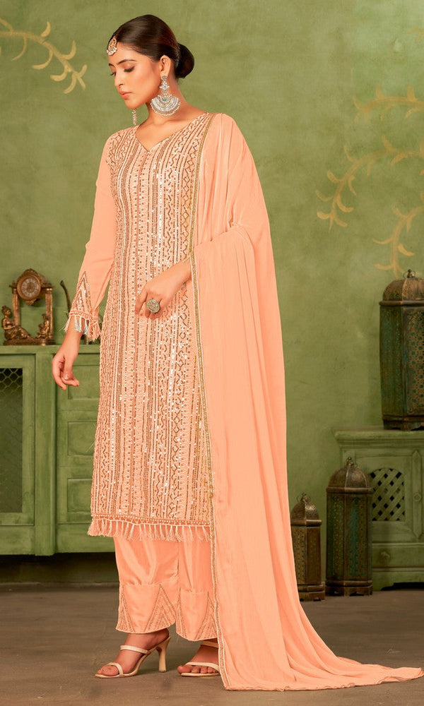 Tasteful Peach Color Georgette Fabric Partywear Suit