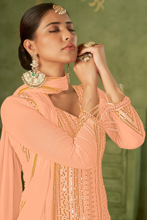 Tasteful Peach Color Georgette Fabric Partywear Suit