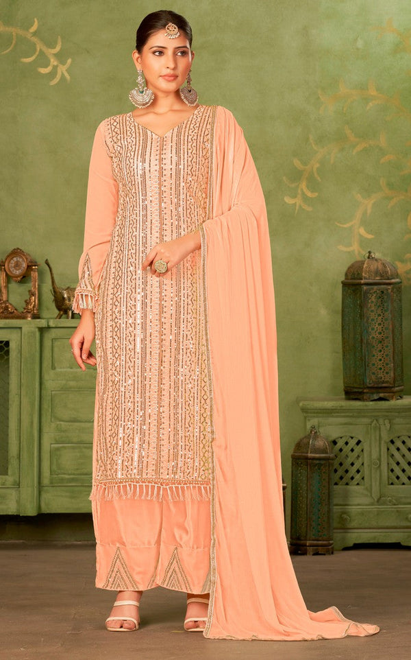 Tasteful Peach Color Georgette Fabric Partywear Suit