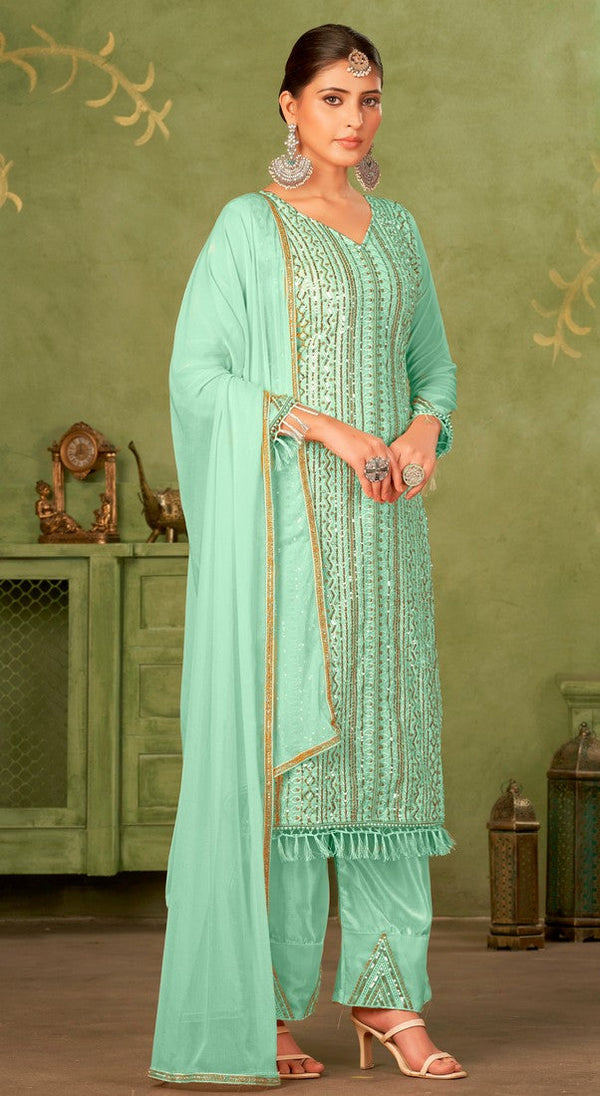 Tasteful Green Color Georgette Fabric Partywear Suit