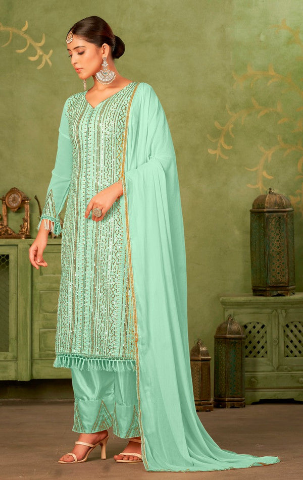 Tasteful Green Color Georgette Fabric Partywear Suit