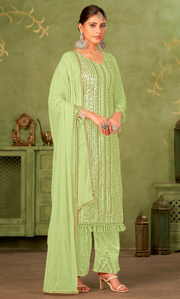 Tasteful Green Color Georgette Fabric Partywear Suit