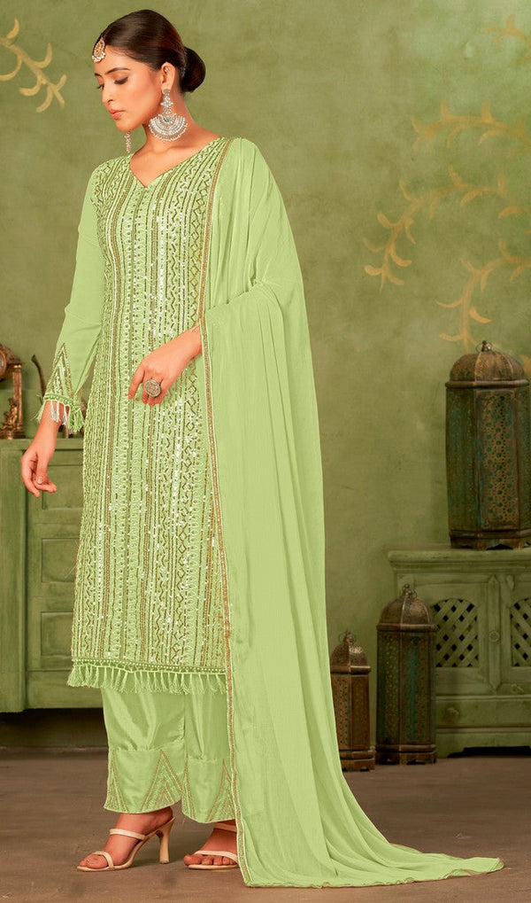 Tasteful Green Color Georgette Fabric Partywear Suit